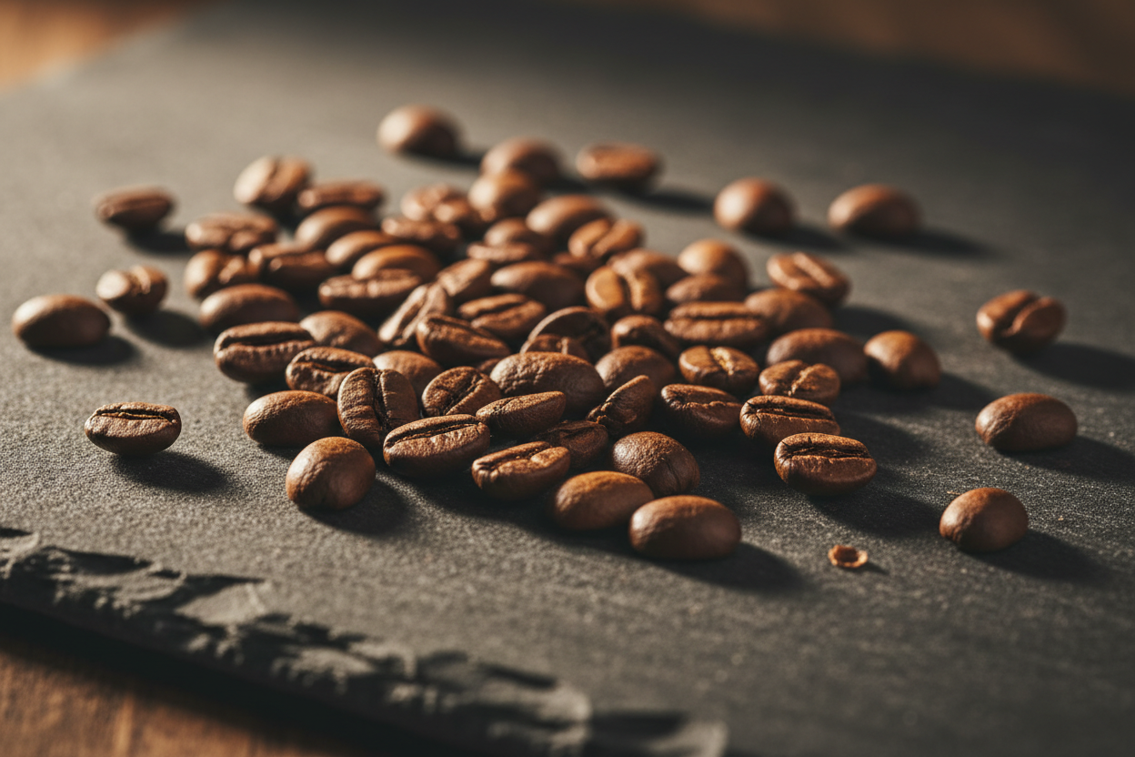 Freshly roasted single origin coffee beans on a dark slate surface